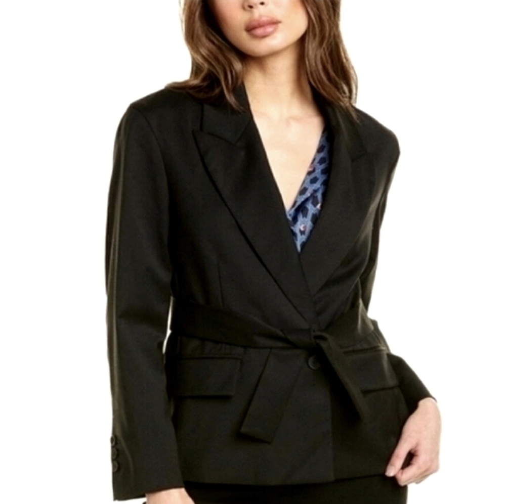 Maje Academia Wool Blazer Belted Waist Button Front Pockets Black Size 12 New